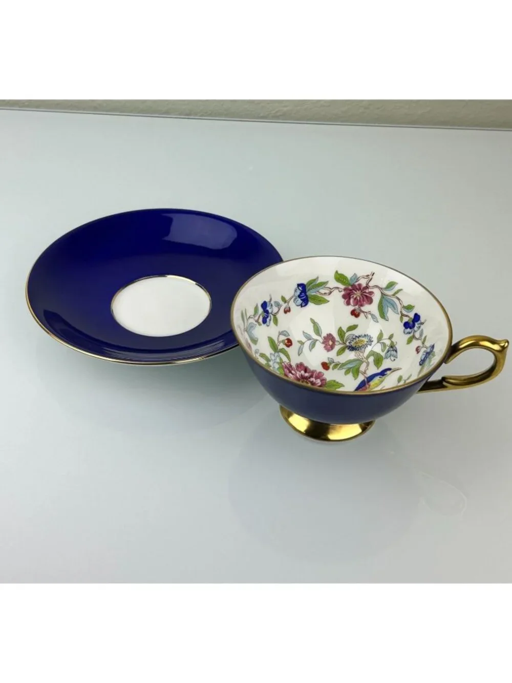 Aynsley Millennium Limited Edition Cobalt Bird Floral Teacup Saucer Set England